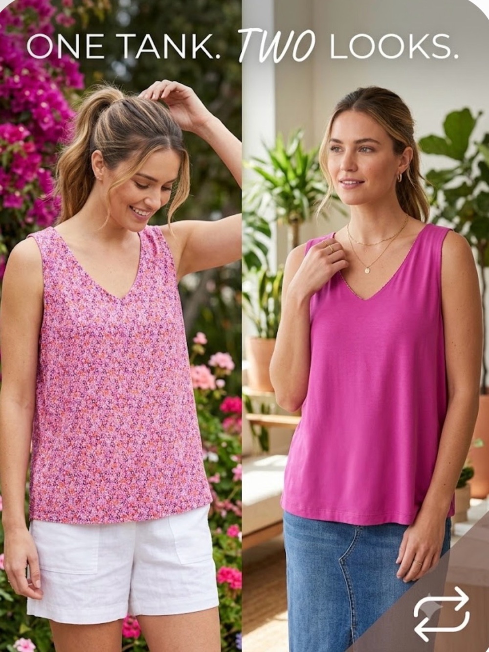 Tribal Reversible V-Neck Tank Top in Magenta and Pink Floral
